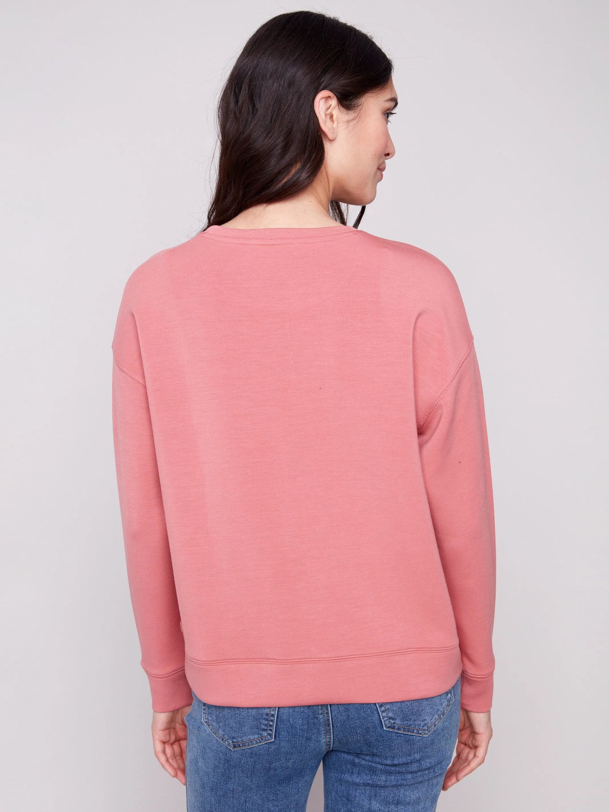 Easy and Relaxed SoftenedTexturedWeave Scuba Knit Top with Soutache Detail - Primrose