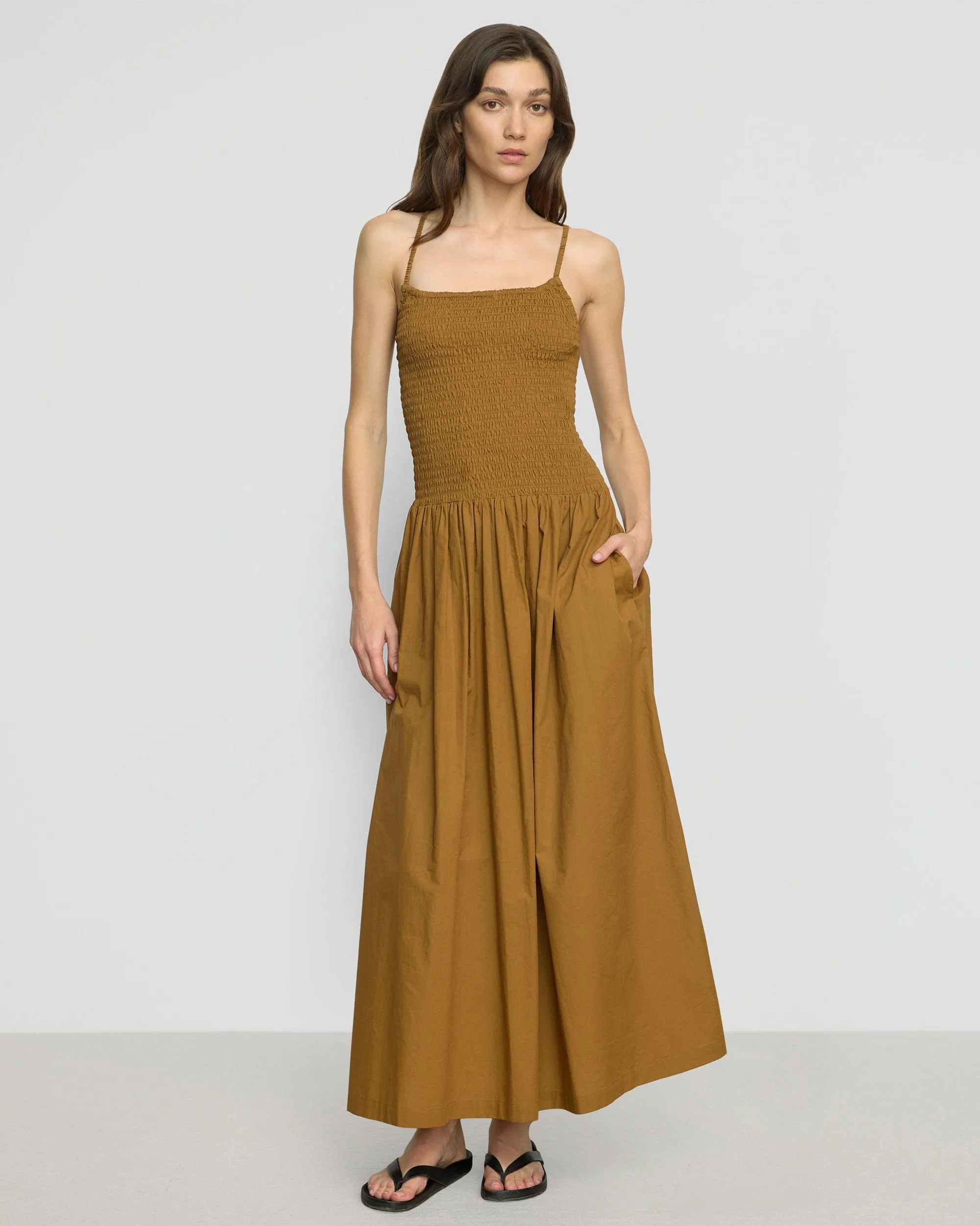 Venus Smocked Organic Cotton Midi Dress Spirit Core