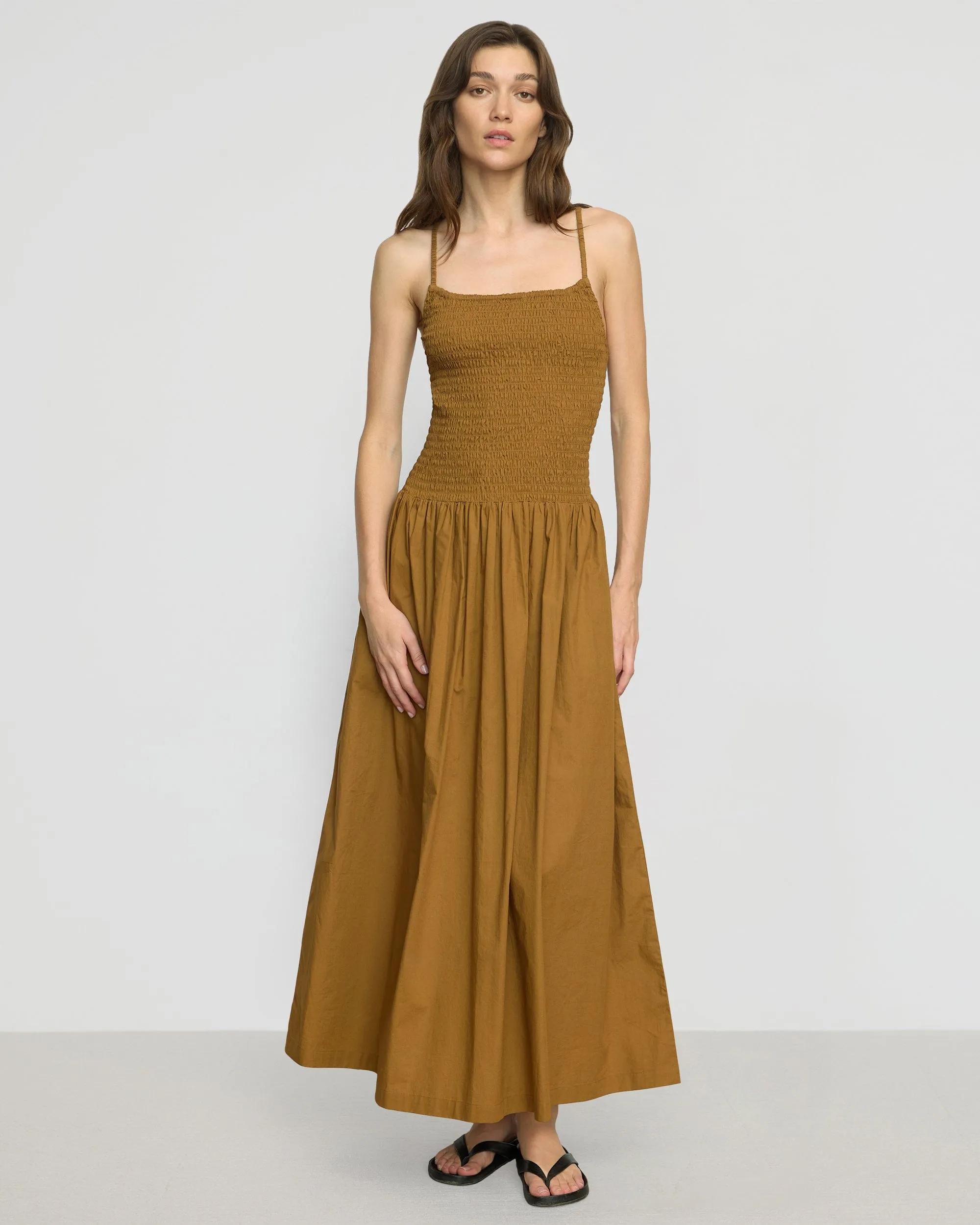 World Edge Venus Smocked Organic Cotton Midi Dress