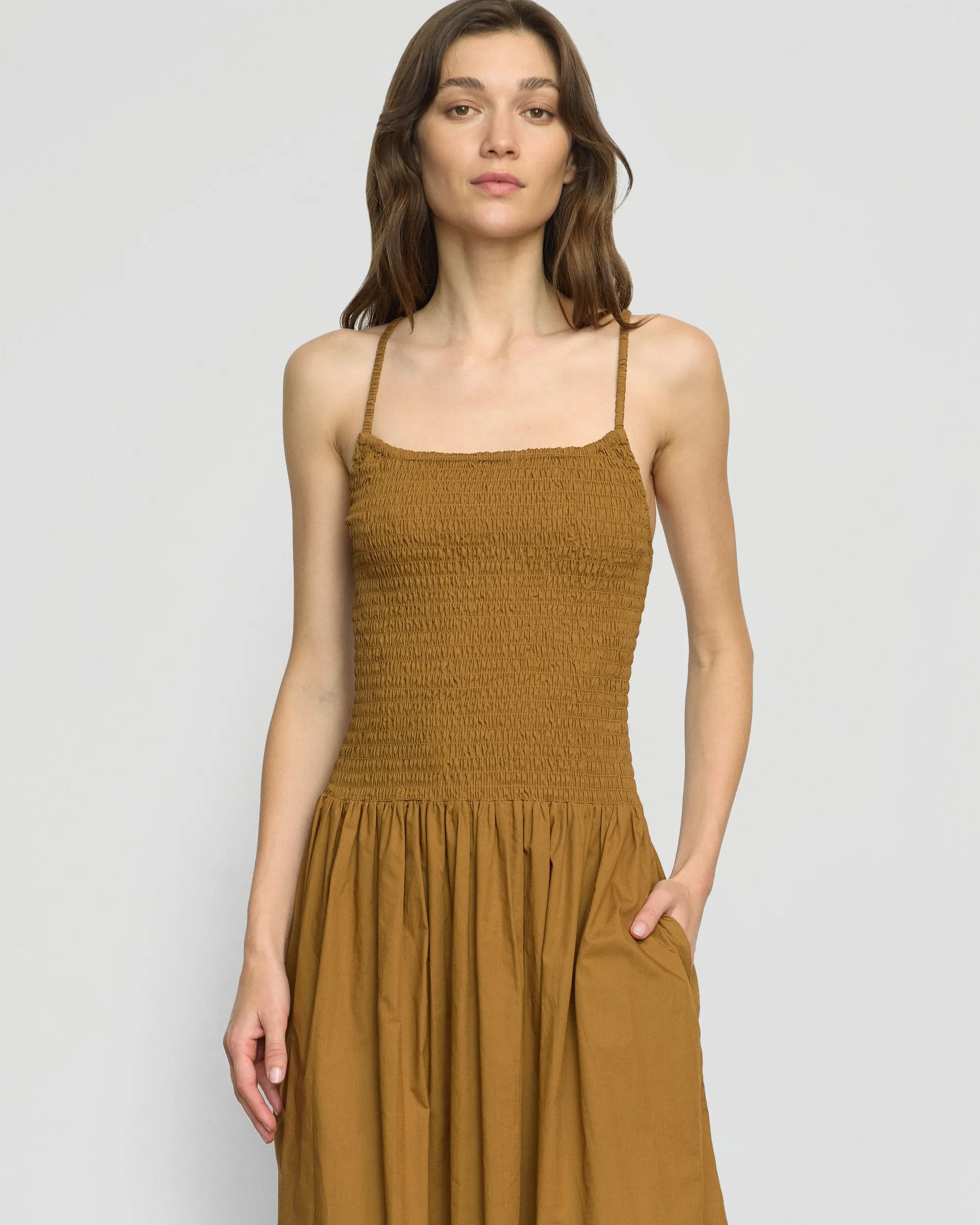 Venus Smocked Organic Cotton Midi Dress Breathable Lining