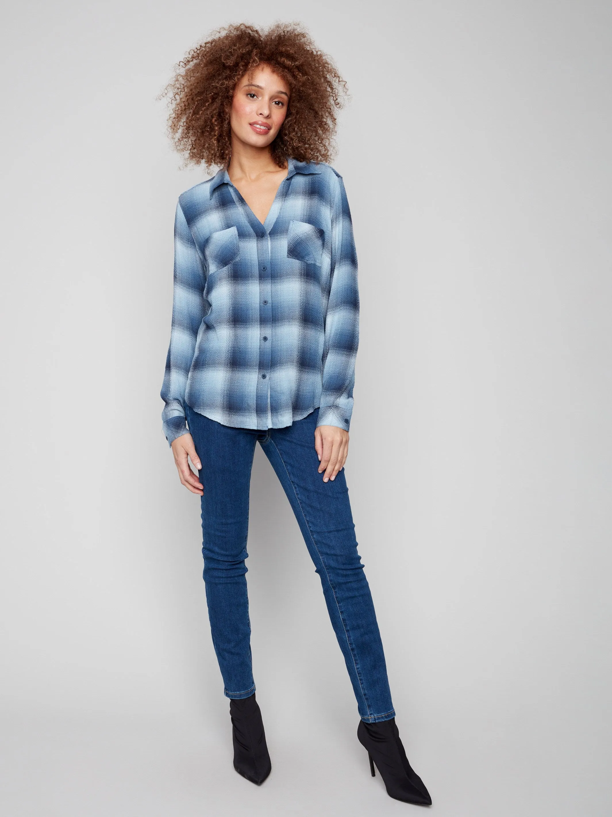 Basic Wear Casual Look Soft Plaid Button-Front Blouse - Denim