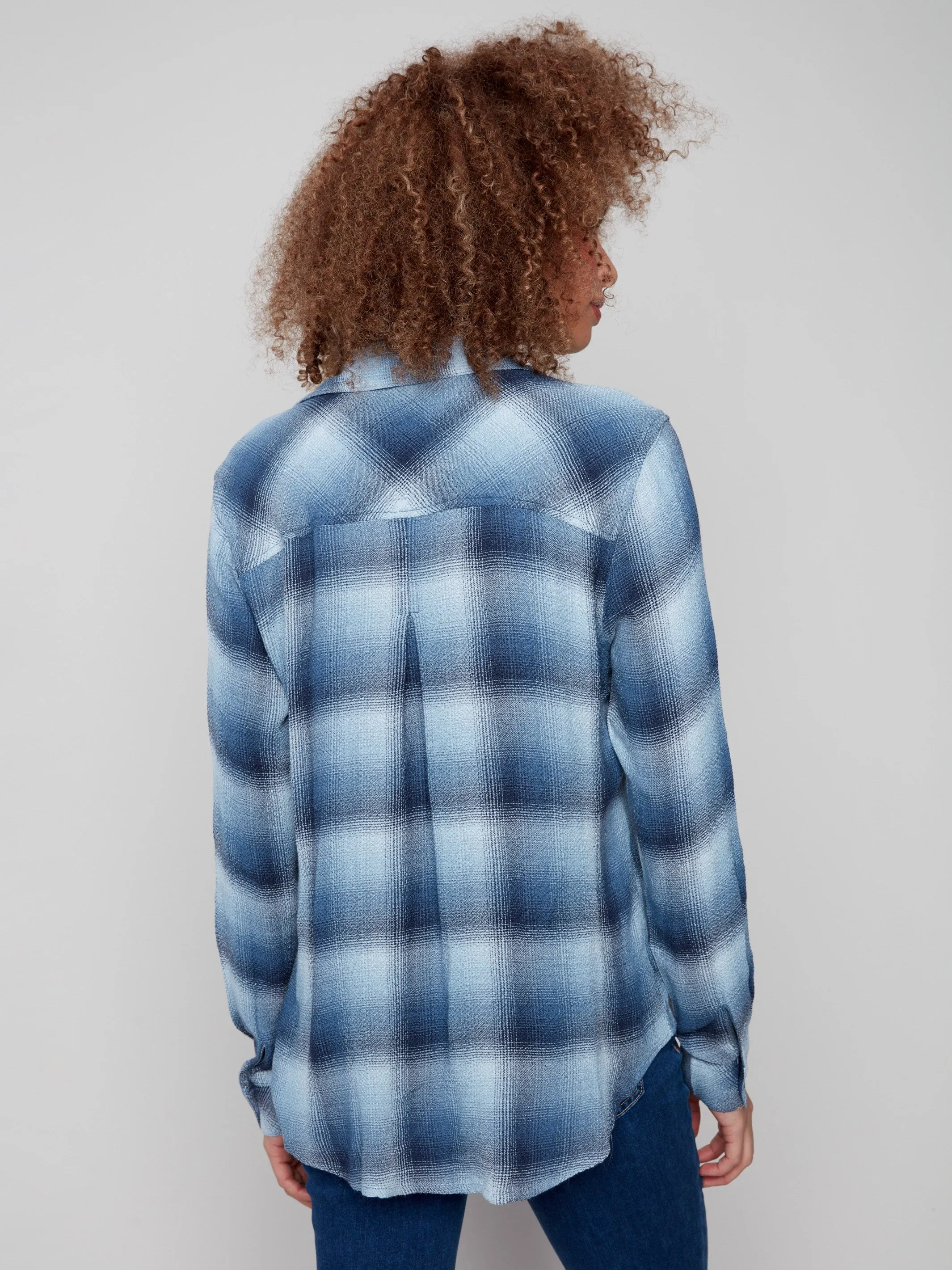 Soft Plaid Button-Front Blouse - Denim Active Look