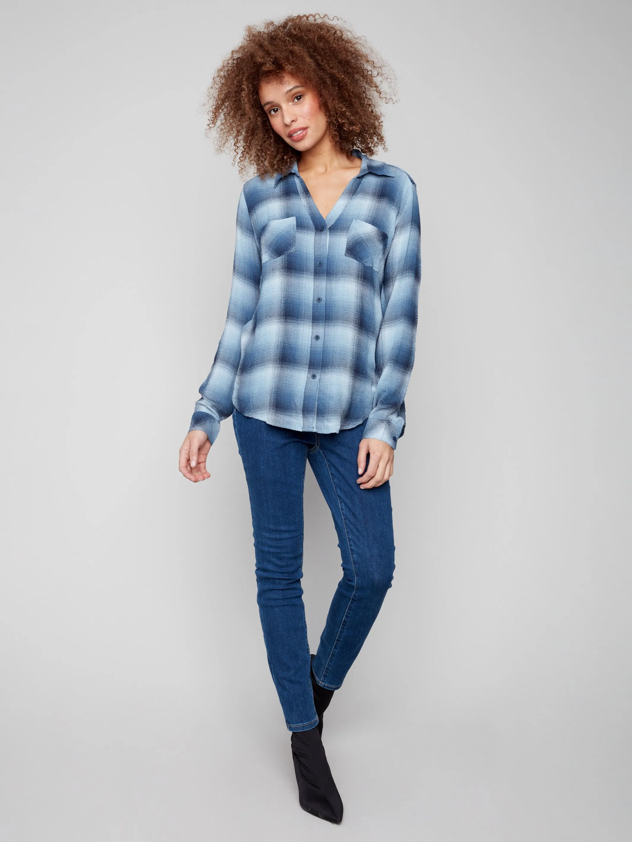 Jewel tone ButterySoftTexture Soft Plaid Button-Front Blouse - Denim