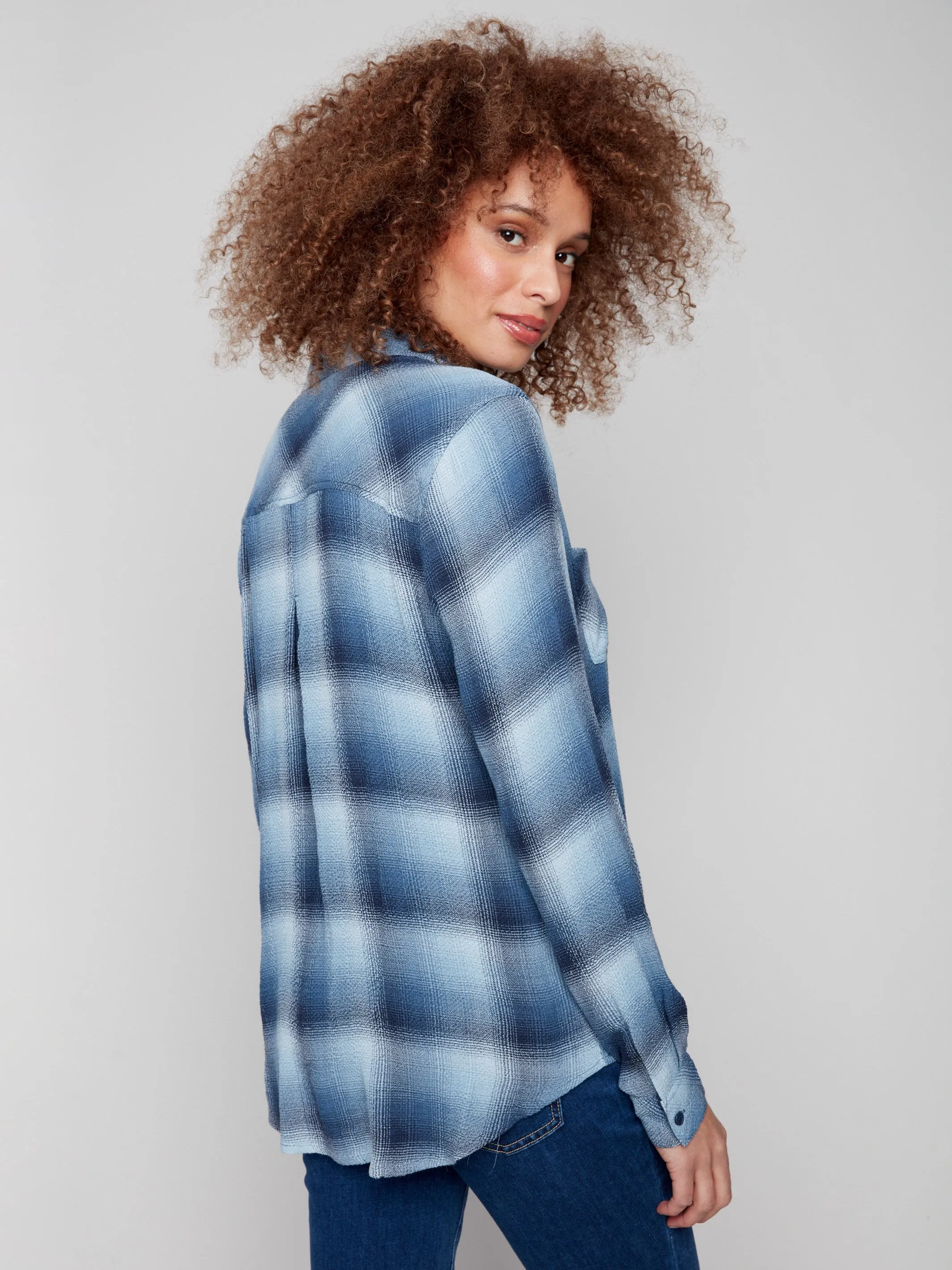Soft Plaid Button-Front Blouse - Denim Carnival Look DurableReinforcedElbow