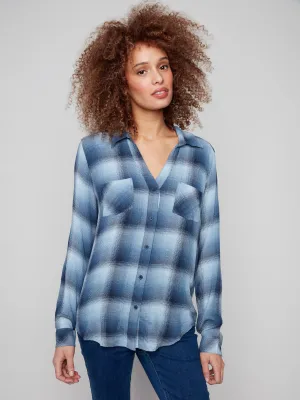 Soft Plaid Button-Front Blouse - Denim Elegant Layer