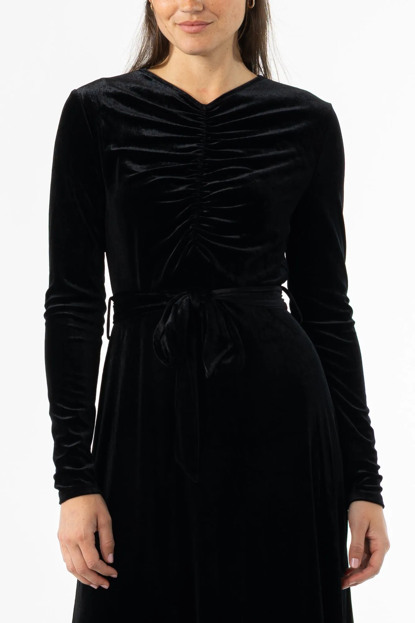 UVProtectionFabric Black Ruched Velour Maxi Dress