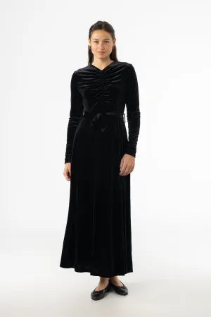 Black Ruched Velour Maxi Dress AllSeasonWear premium fabric
