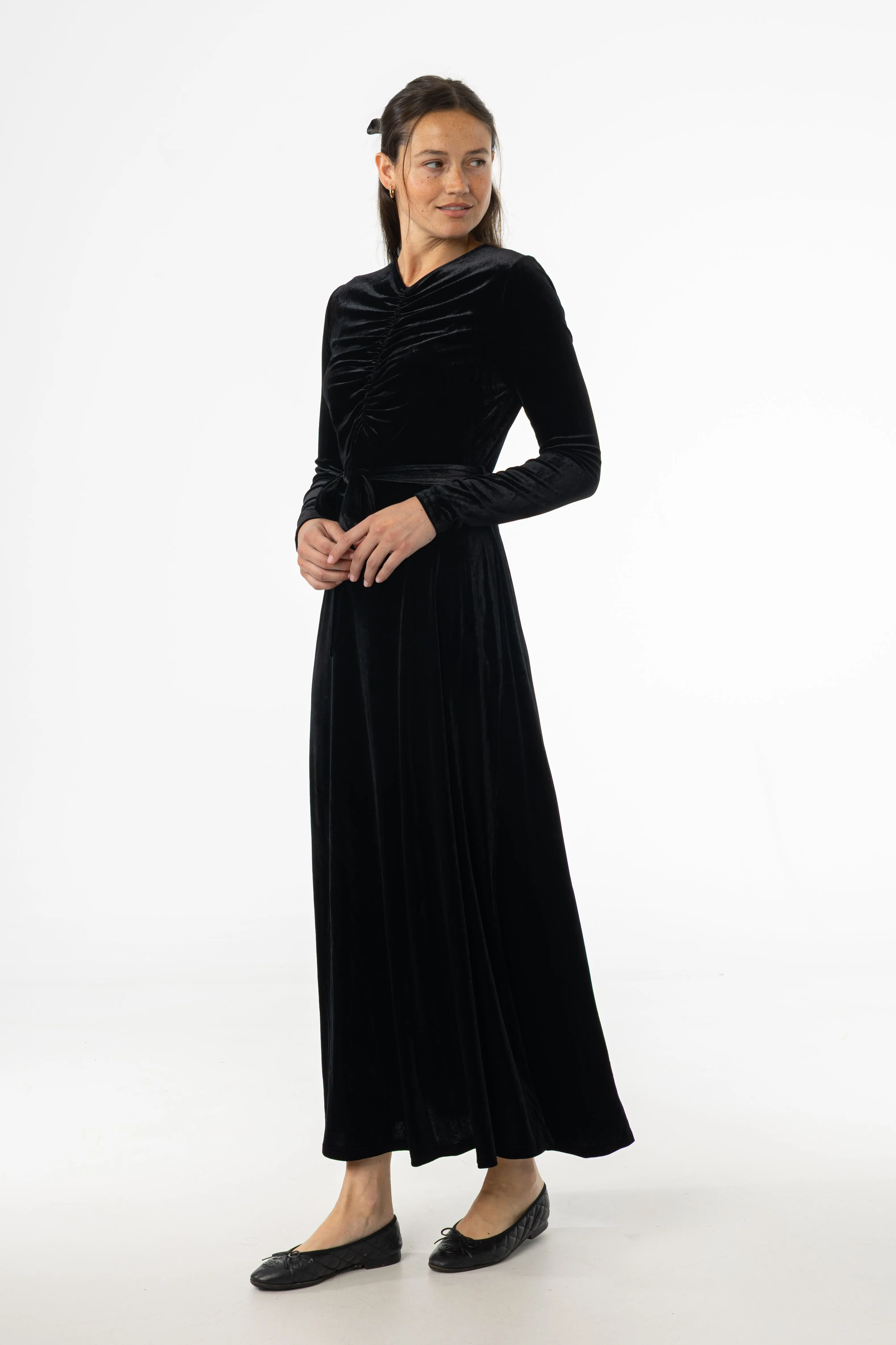 Black Ruched Velour Maxi Dress Street Fashion DoubleLayeredHem