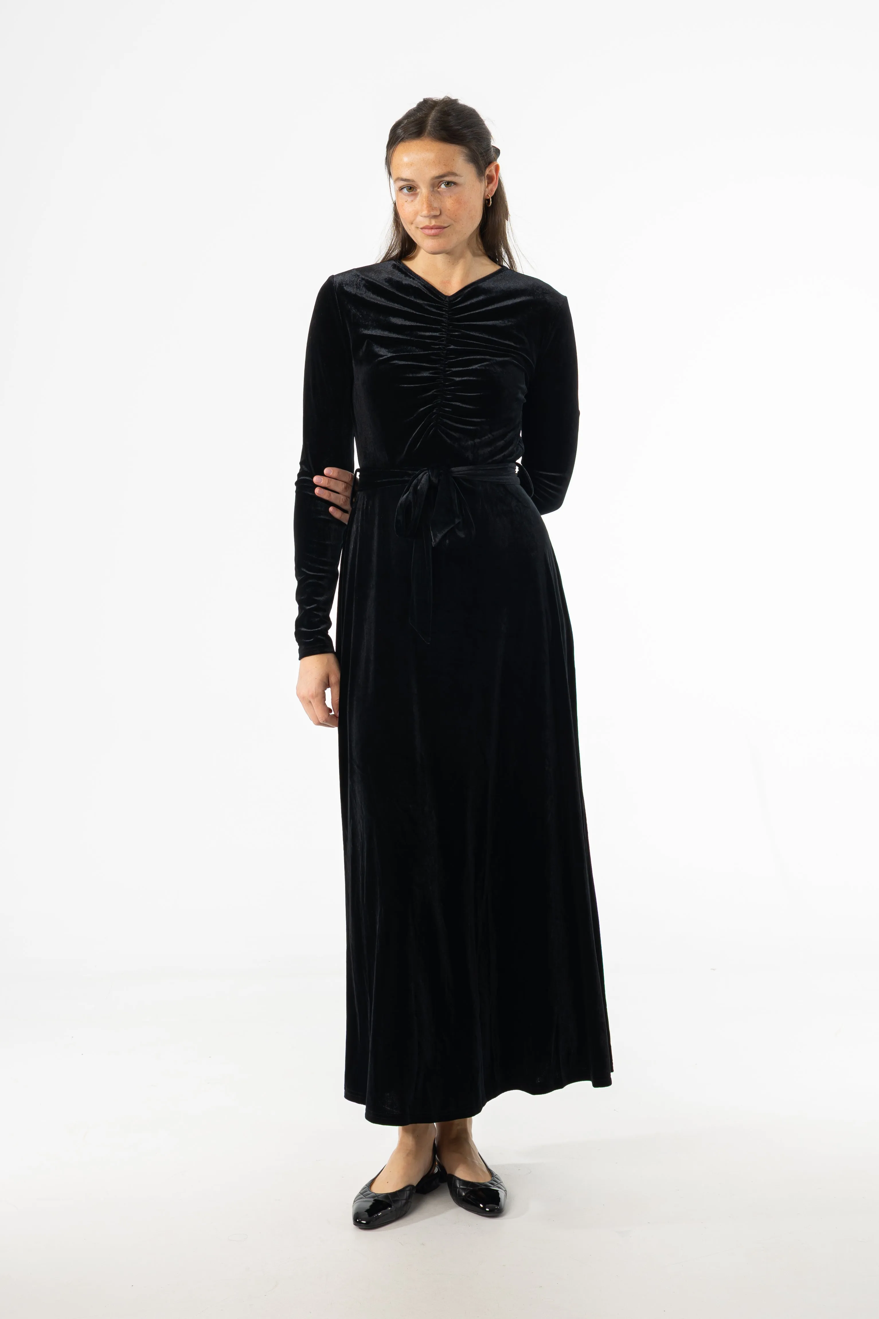 Black Ruched Velour Maxi Dress Reinforced Stress Points Kid Play