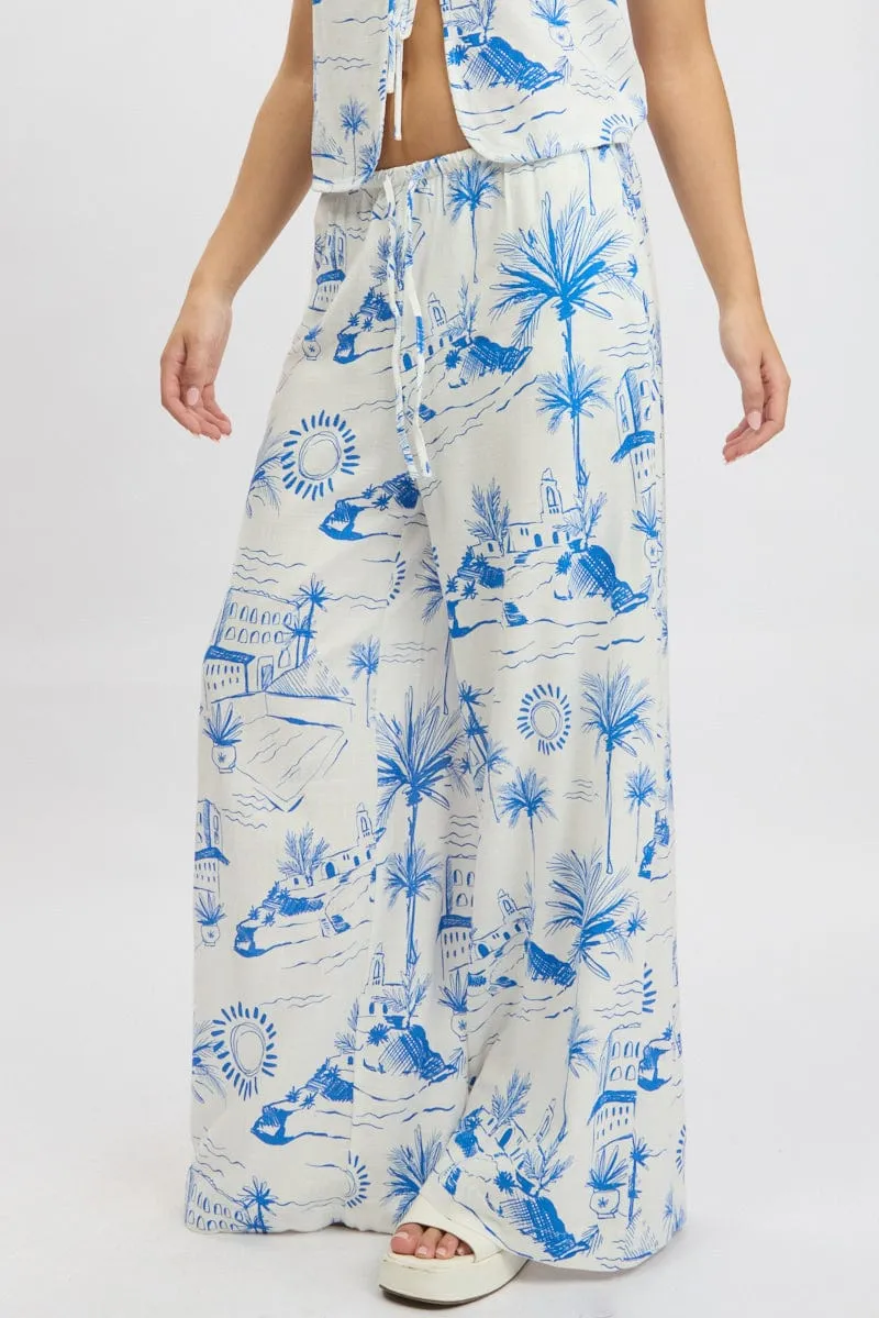 Blue Abstract Wide Leg Pants High Rise EcoFriendlyMaterials