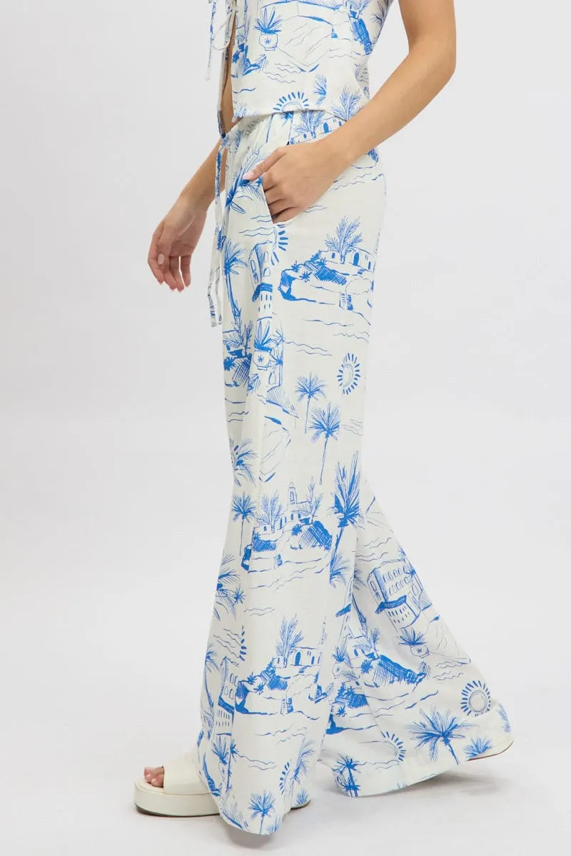 Flared bottom Versatile Wearable Blue Abstract Wide Leg Pants High Rise