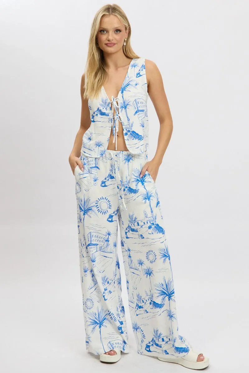 Training Comfort Blue Abstract Wide Leg Pants High Rise