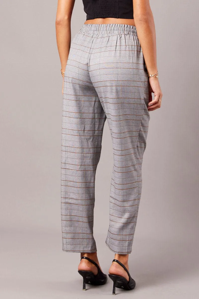 Grey Check Tapered Pants Elasticated Waist Cropped Comfort Stretch