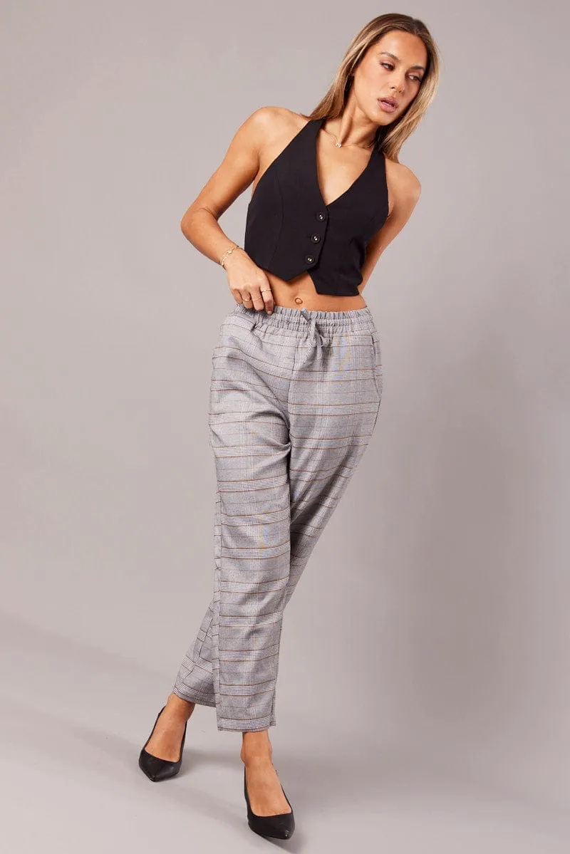 Grey Check Tapered Pants Elasticated Waist Cropped No Gap Waist Construction Everyday Comfort Wear