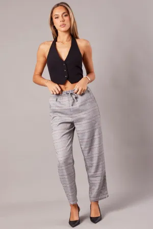 Grey Check Tapered Pants Elasticated Waist Cropped Layering Comfort