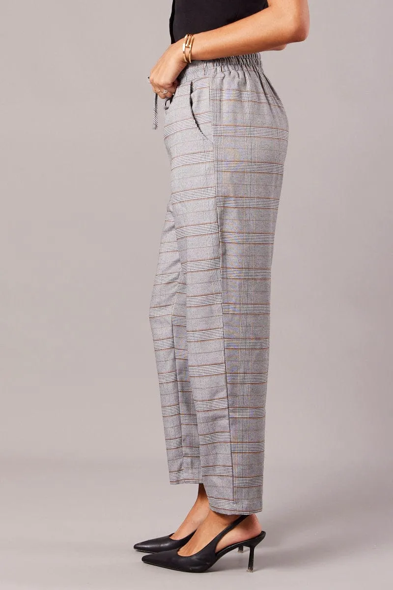 Grey Check Tapered Pants Elasticated Waist Cropped DoubleLayeredFabric Quick Fit