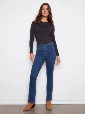 Bootcut Jeans With Floral Embroidery - Indigo fade resistant color