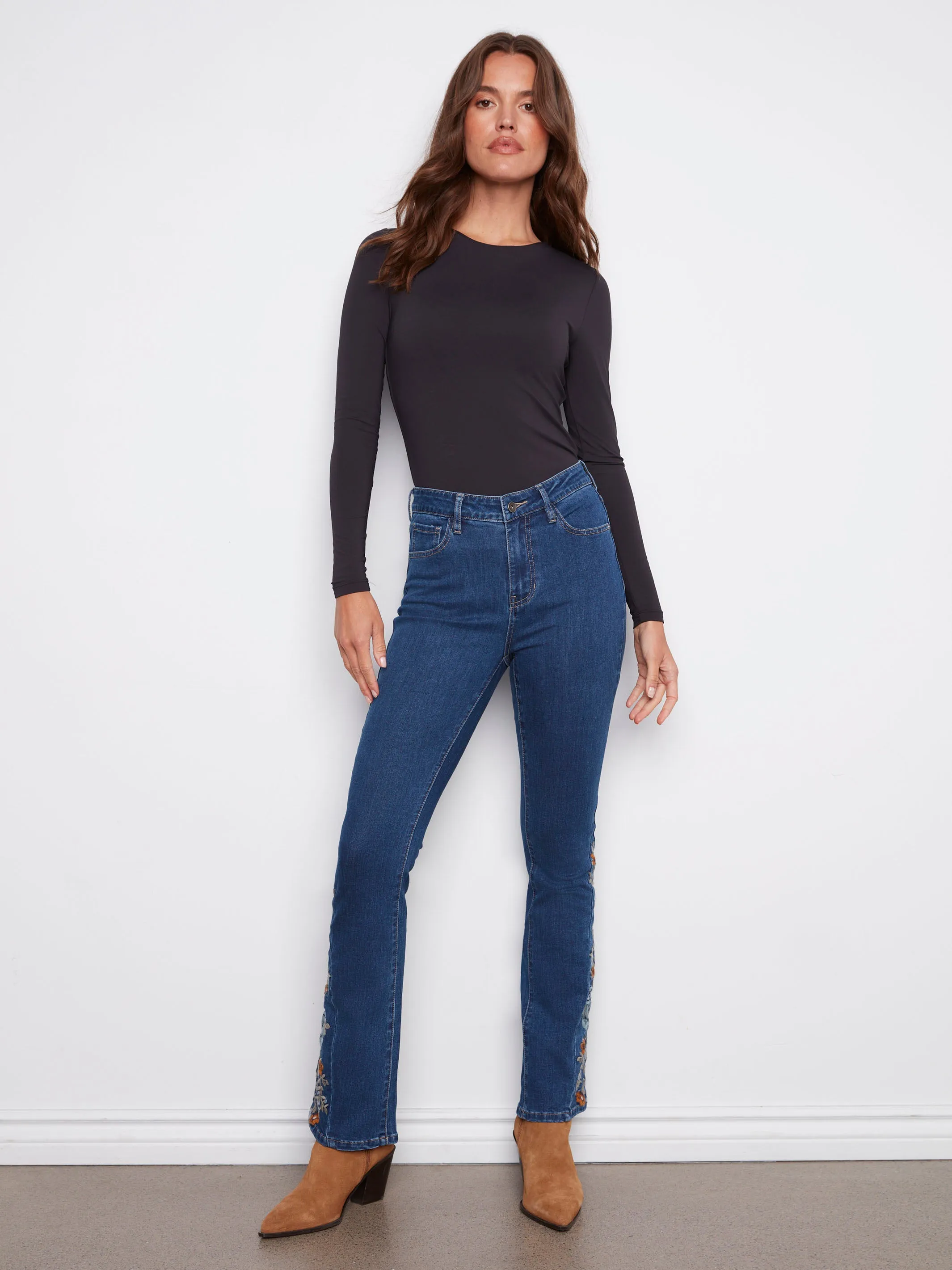 Bootcut Jeans With Floral Embroidery - Indigo fade resistant color