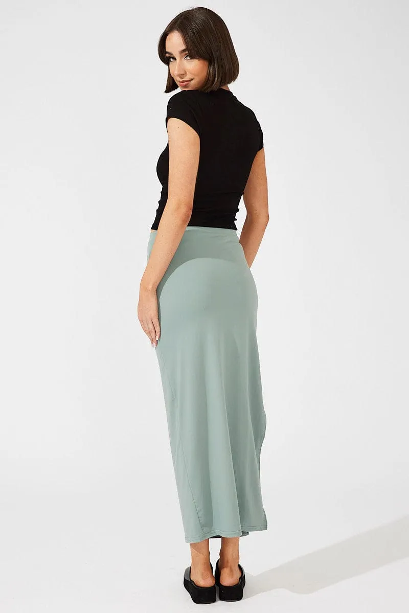 Green Supersoft Maxi Skirt Side Split Breezy Style Elastic hem