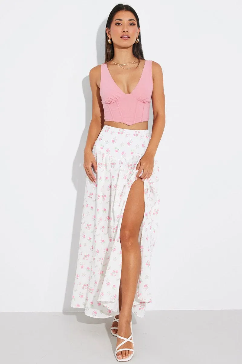 Mood Outfit White Floral Maxi Skirt Bouquet Ditsy Side Split Skirt