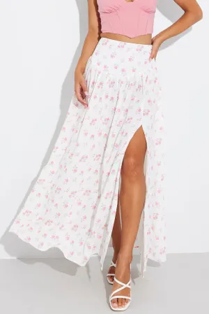 Sharp Look Innovative Fabric White Floral Maxi Skirt Bouquet Ditsy Side Split Skirt
