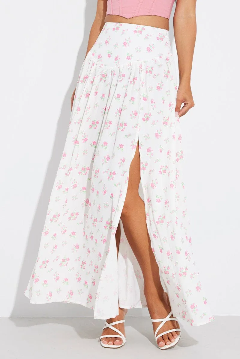 White Floral Maxi Skirt Bouquet Ditsy Side Split Skirt No Ride Up