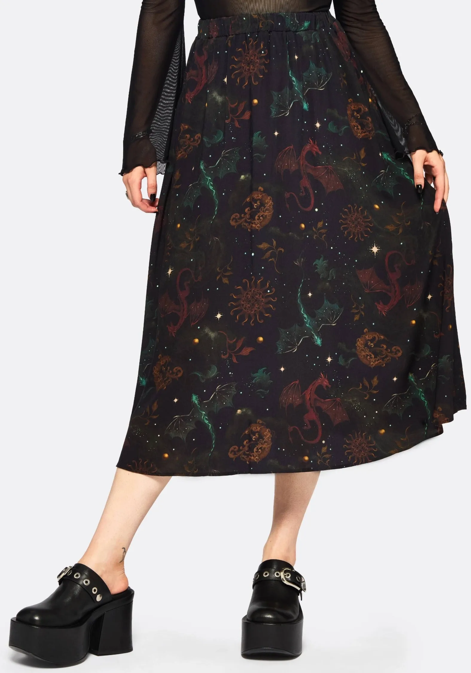 Light Wear City Wear Phoenix Dragon Printed Pleated Midi Skirt