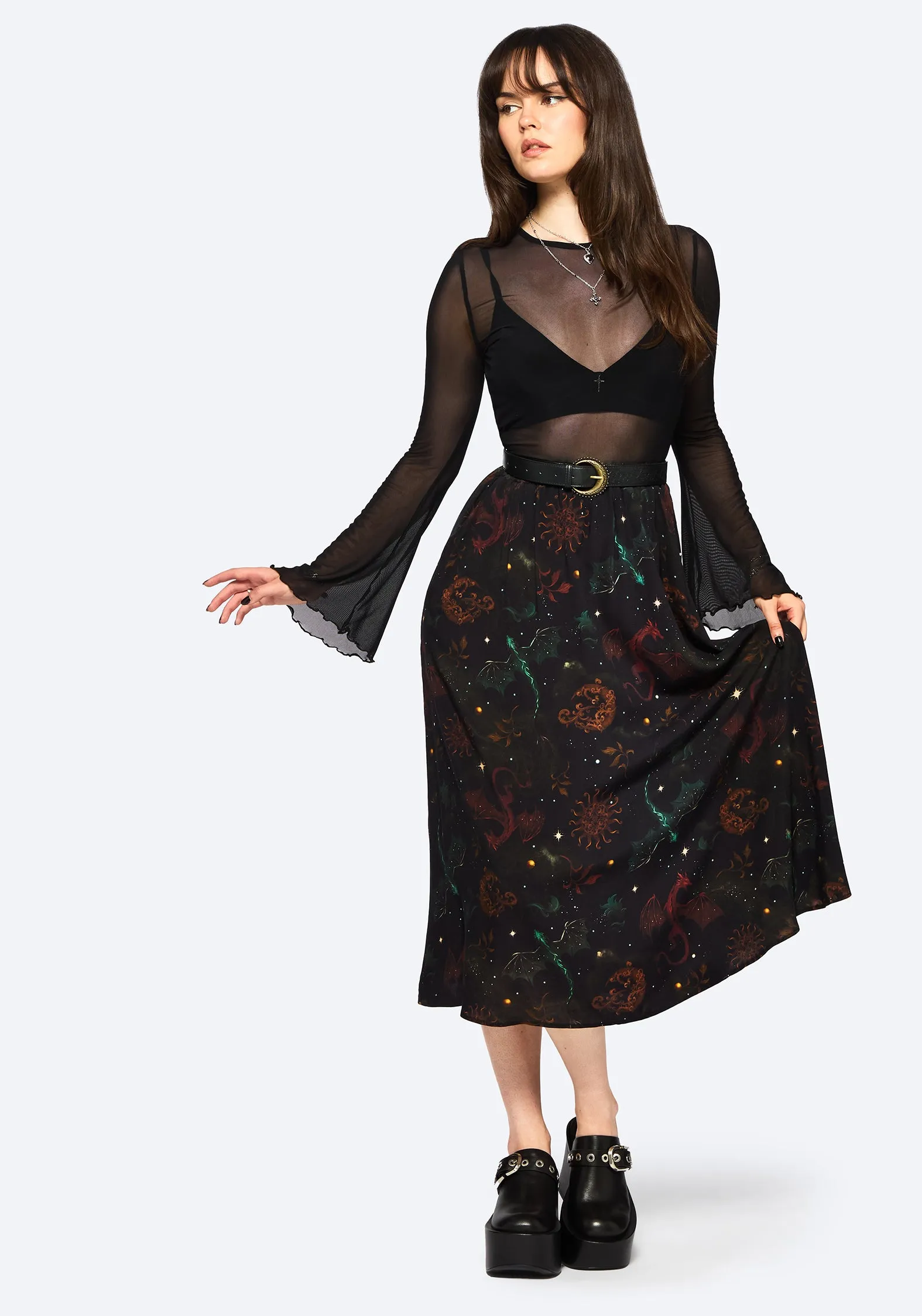 Phoenix Dragon Printed Pleated Midi Skirt Gentle Vibe