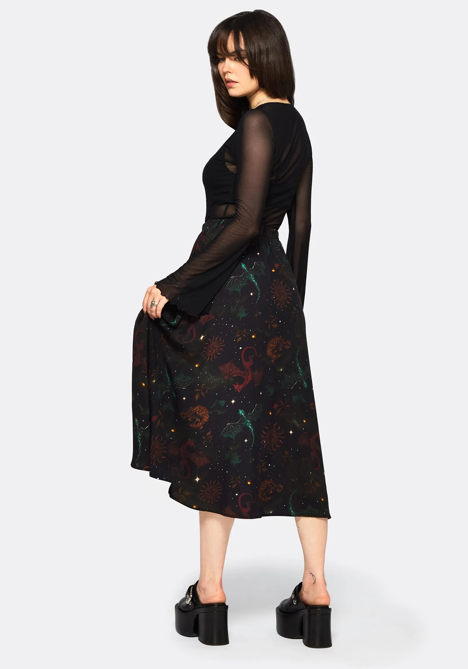 Phoenix Dragon Printed Pleated Midi Skirt Twist Front