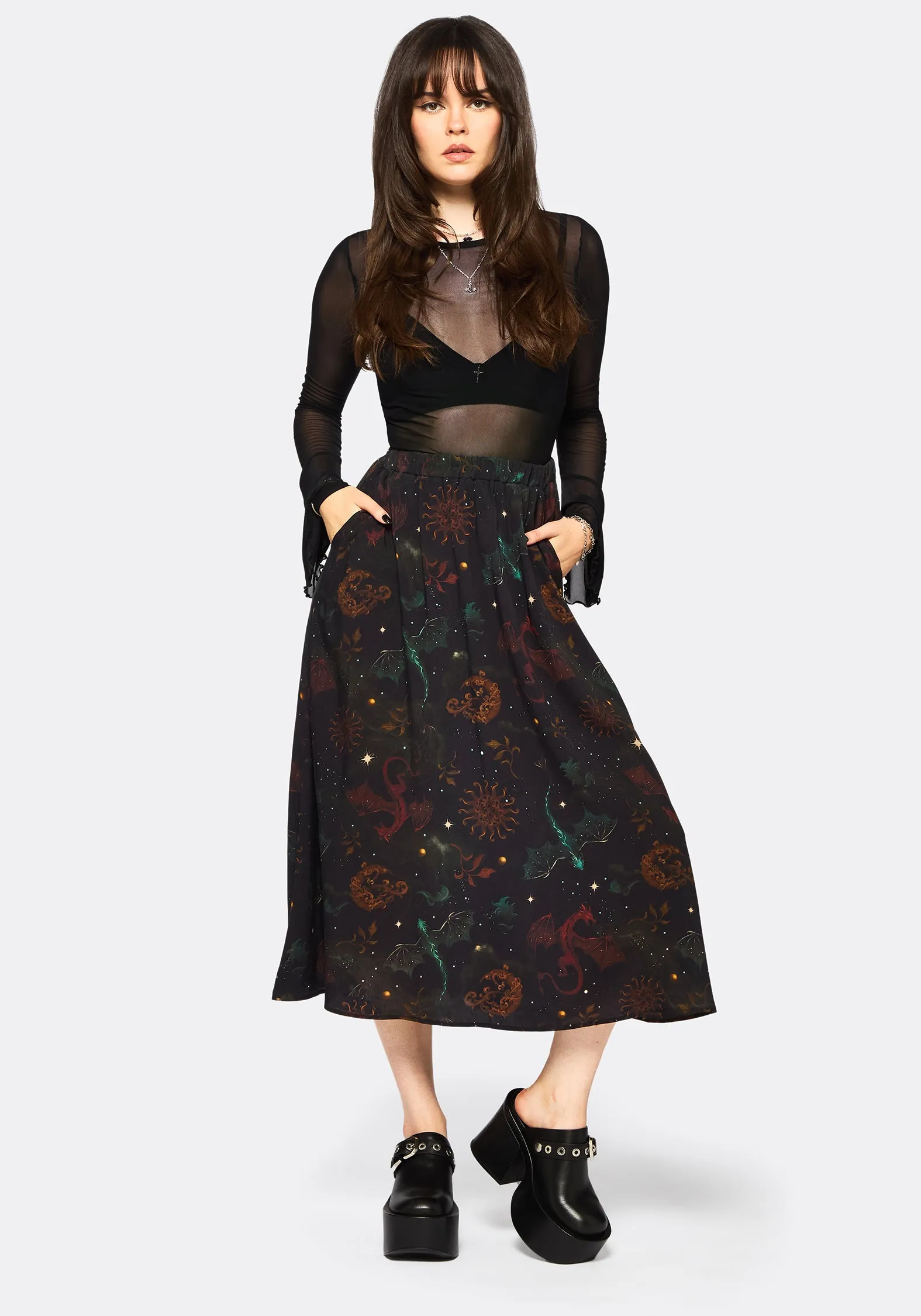 Casual Wear Phoenix Dragon Printed Pleated Midi Skirt