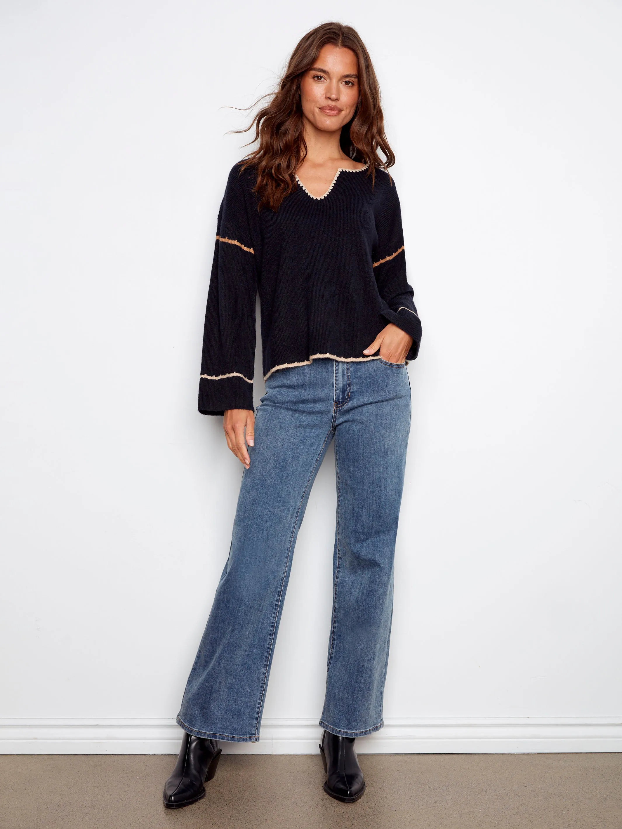 Embroidered Ribbed Sweater With Notch Neck - Navy Stylish Layers Seasonal Fashion
