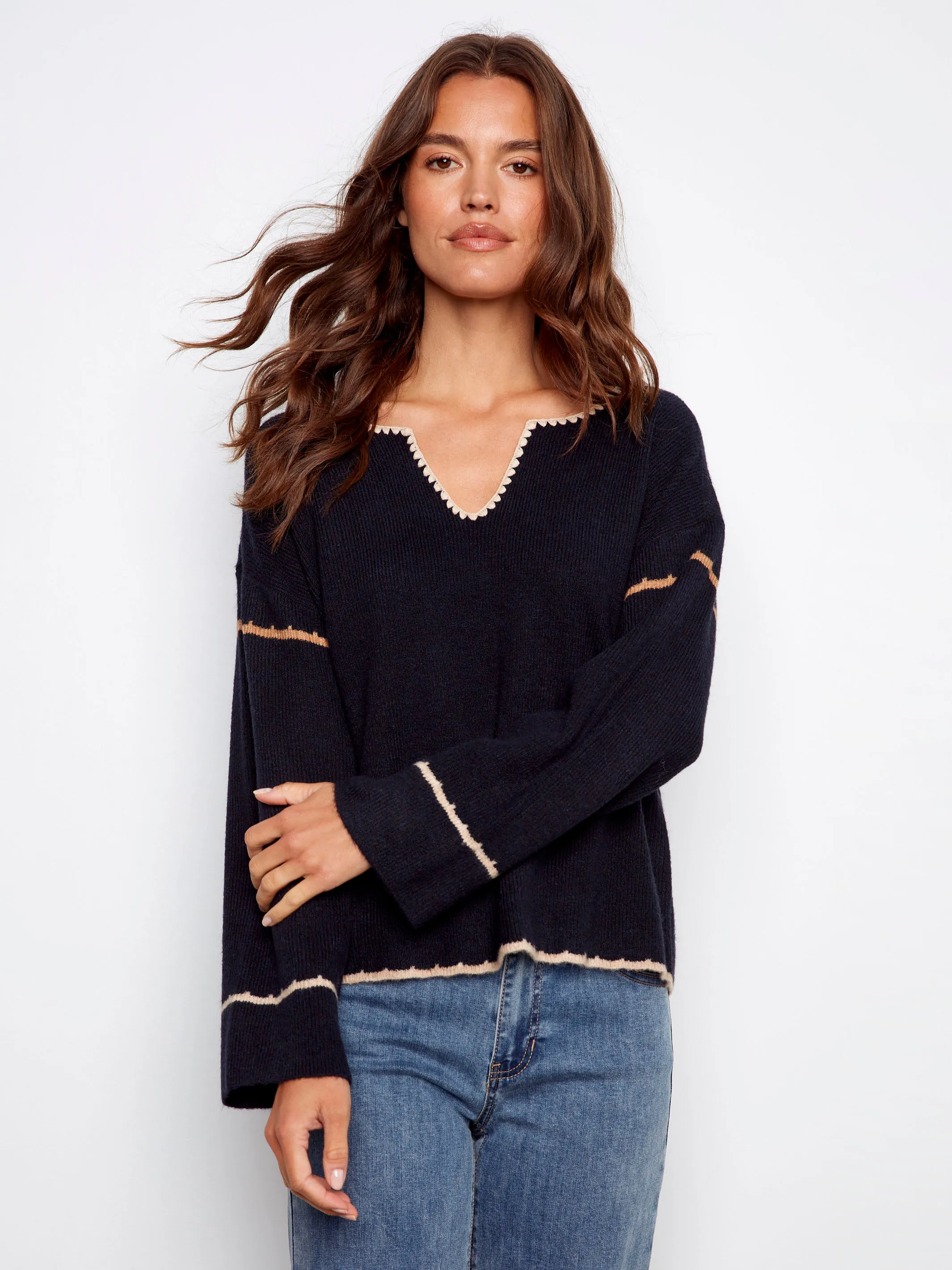 Embroidered Ribbed Sweater With Notch Neck - Navy Cozy Fit Classic Fit