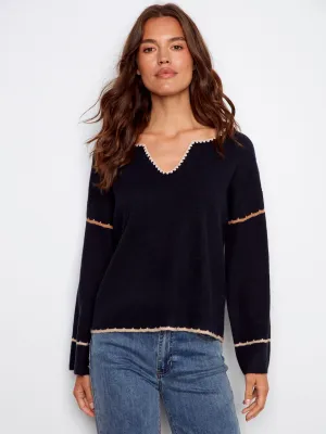 Trendy Layers Embroidered Ribbed Sweater With Notch Neck - Navy