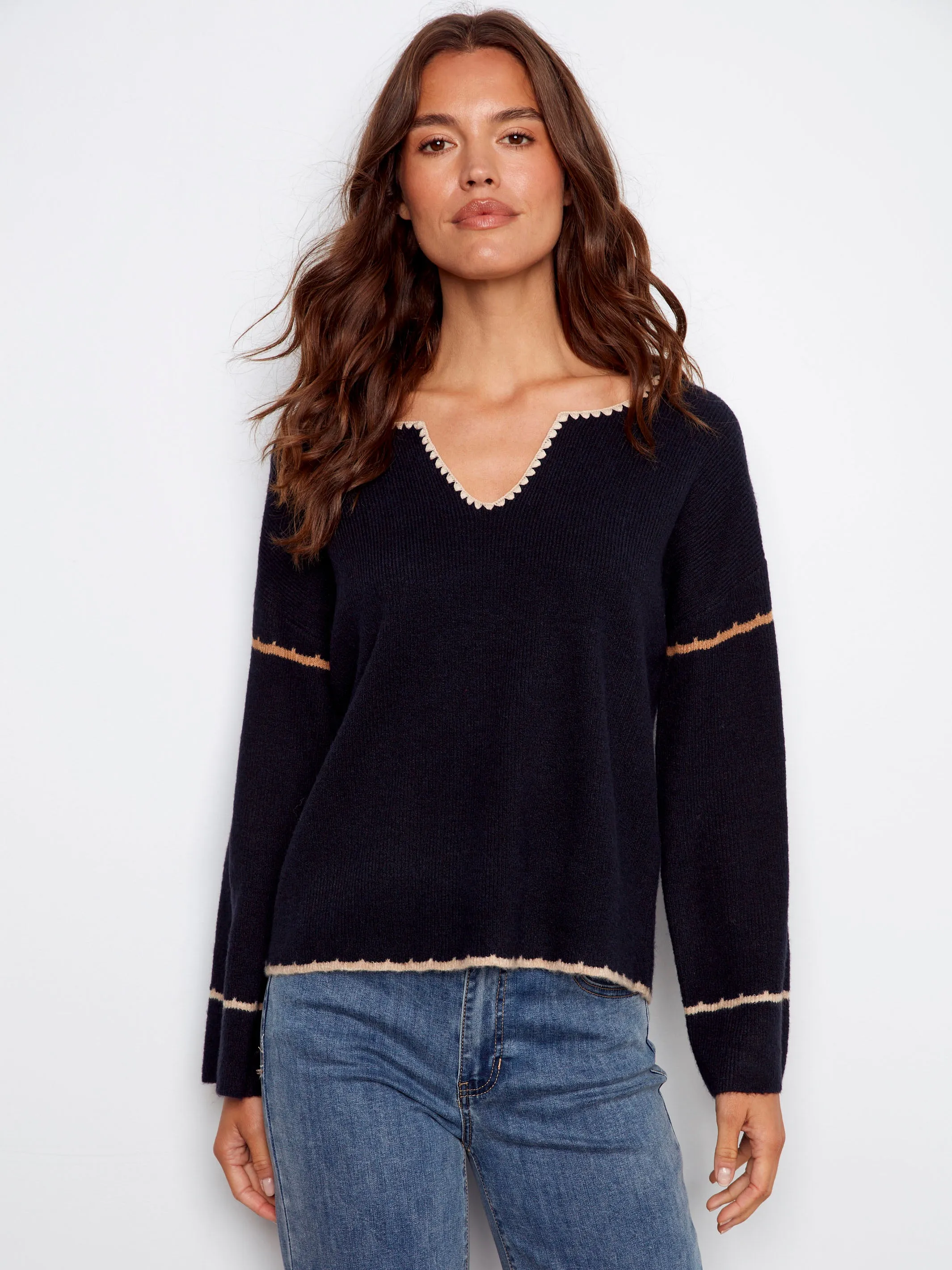 Trendy Layers Embroidered Ribbed Sweater With Notch Neck - Navy