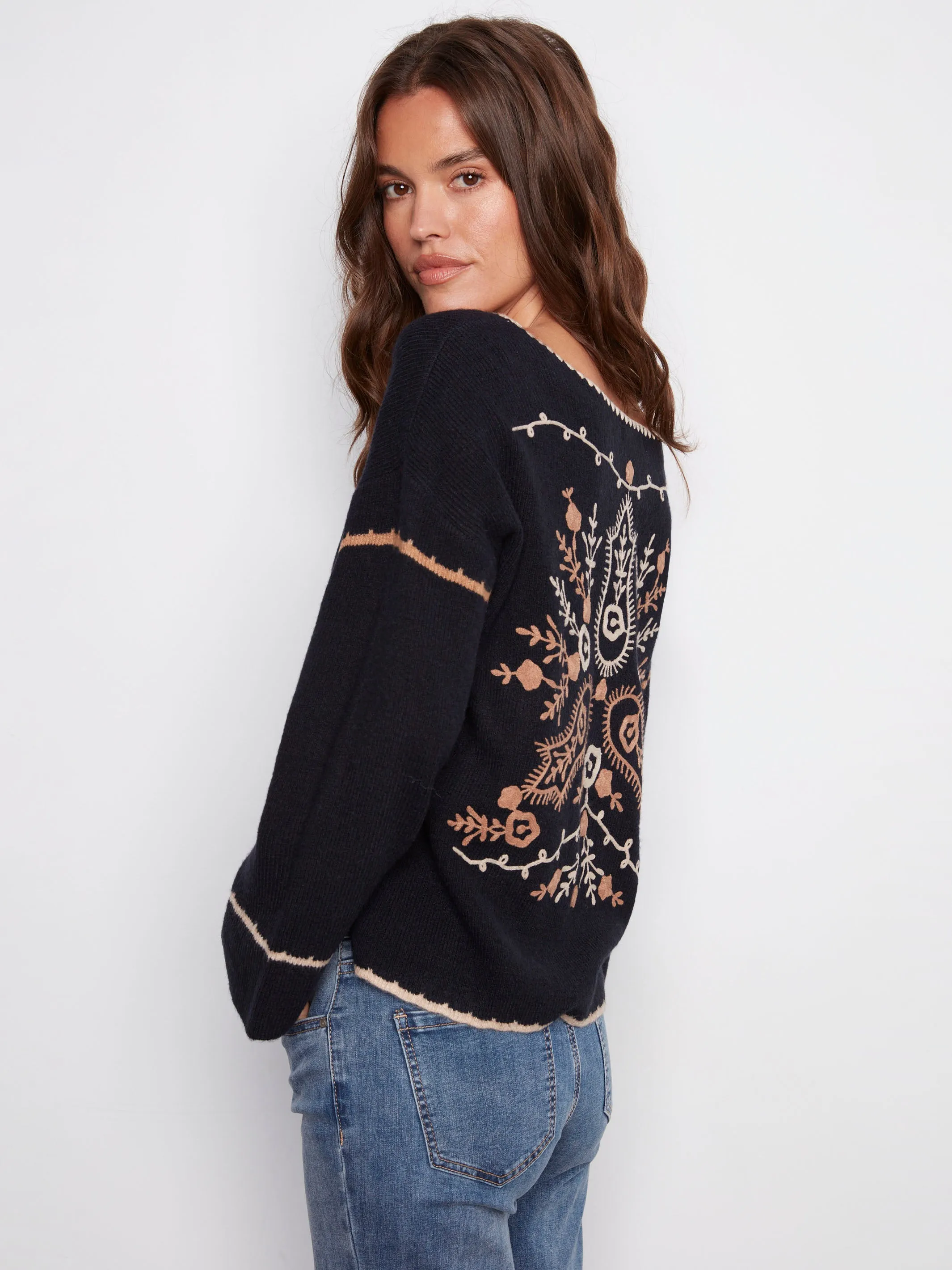 Timeless Cozy Embroidered Ribbed Sweater With Notch Neck - Navy
