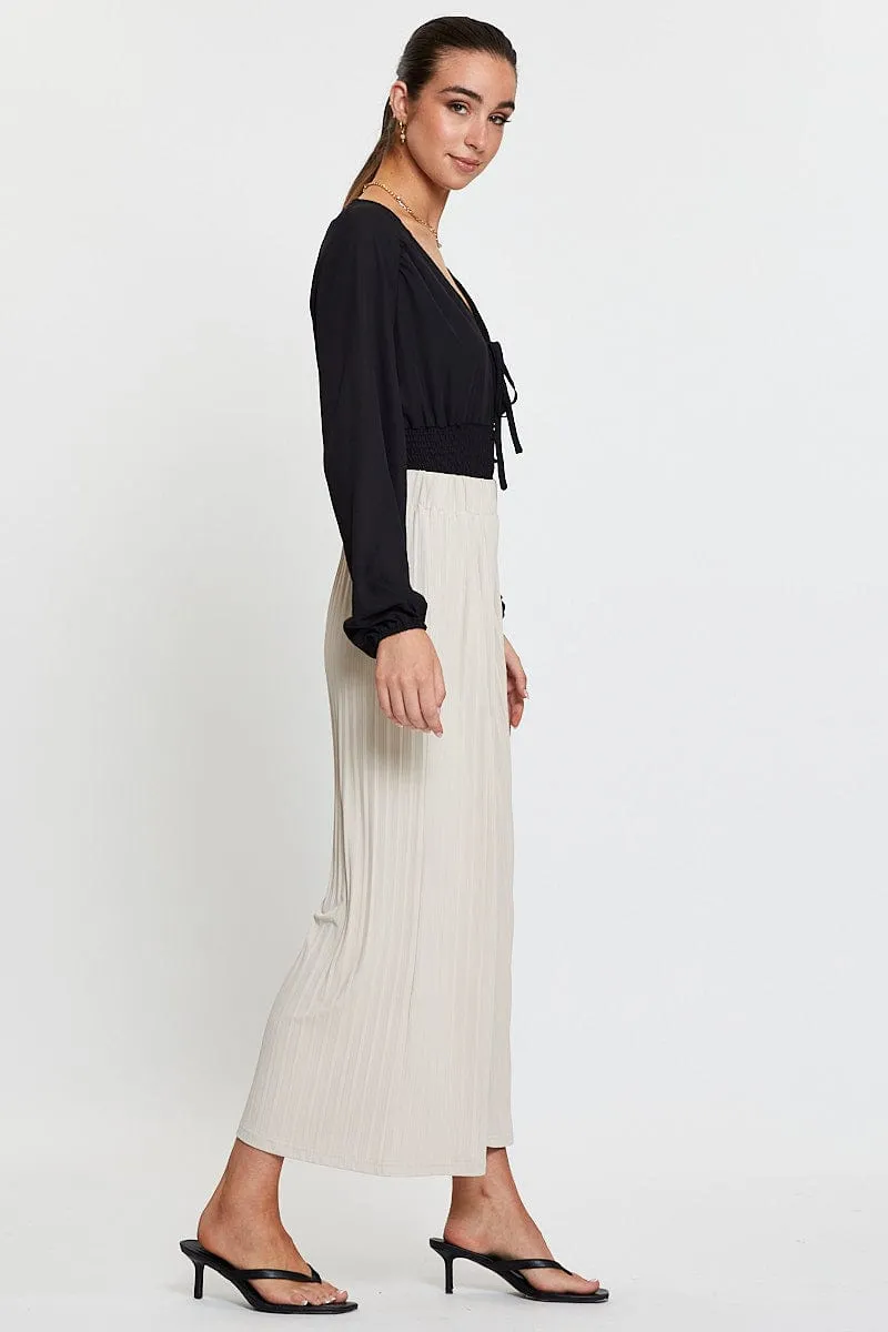 Beige Ribbed Pants High Rise Wide Leg Seasonal Basic