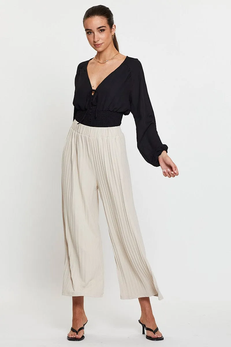 Beige Ribbed Pants High Rise Wide Leg Core Style