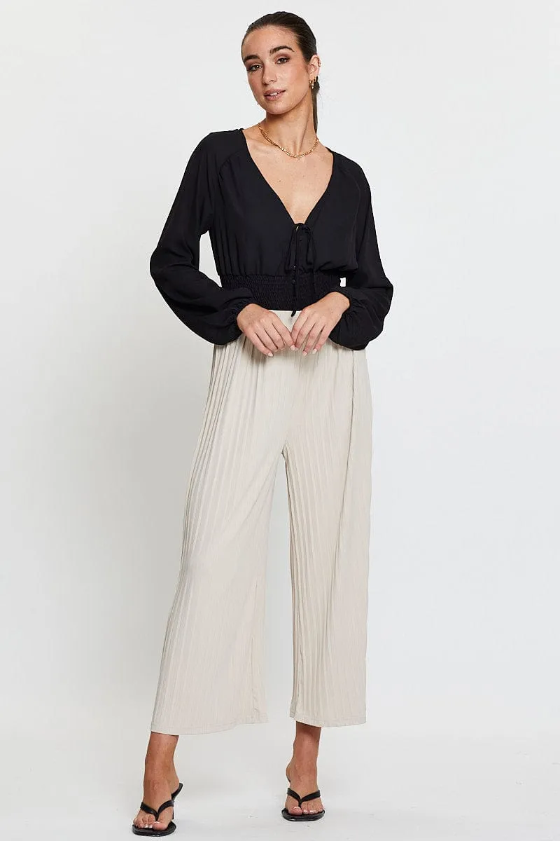 ThermalRegulation Functional Style Beige Ribbed Pants High Rise Wide Leg