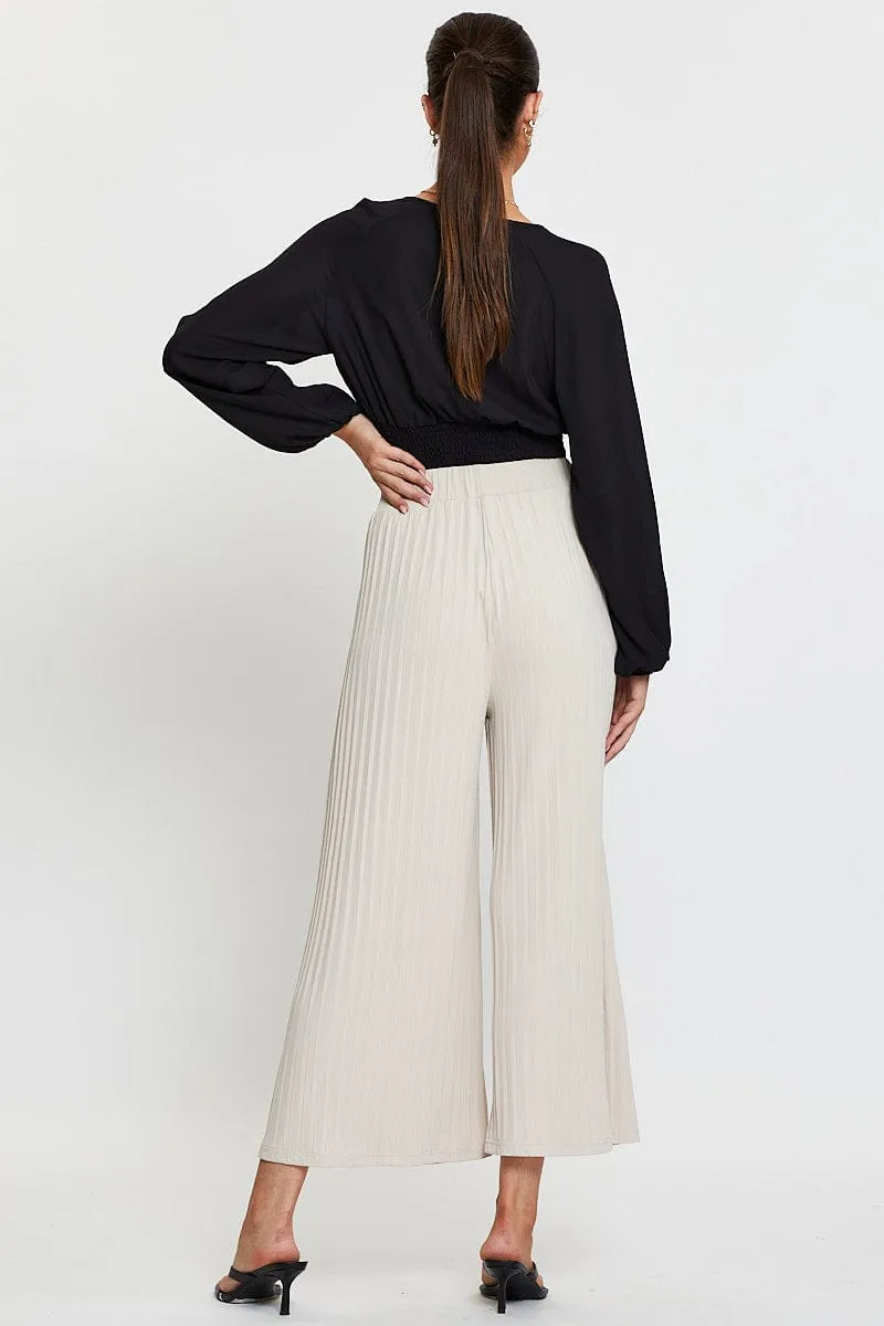 Beige Ribbed Pants High Rise Wide Leg Erasable Logo Patch Flatlock Seams