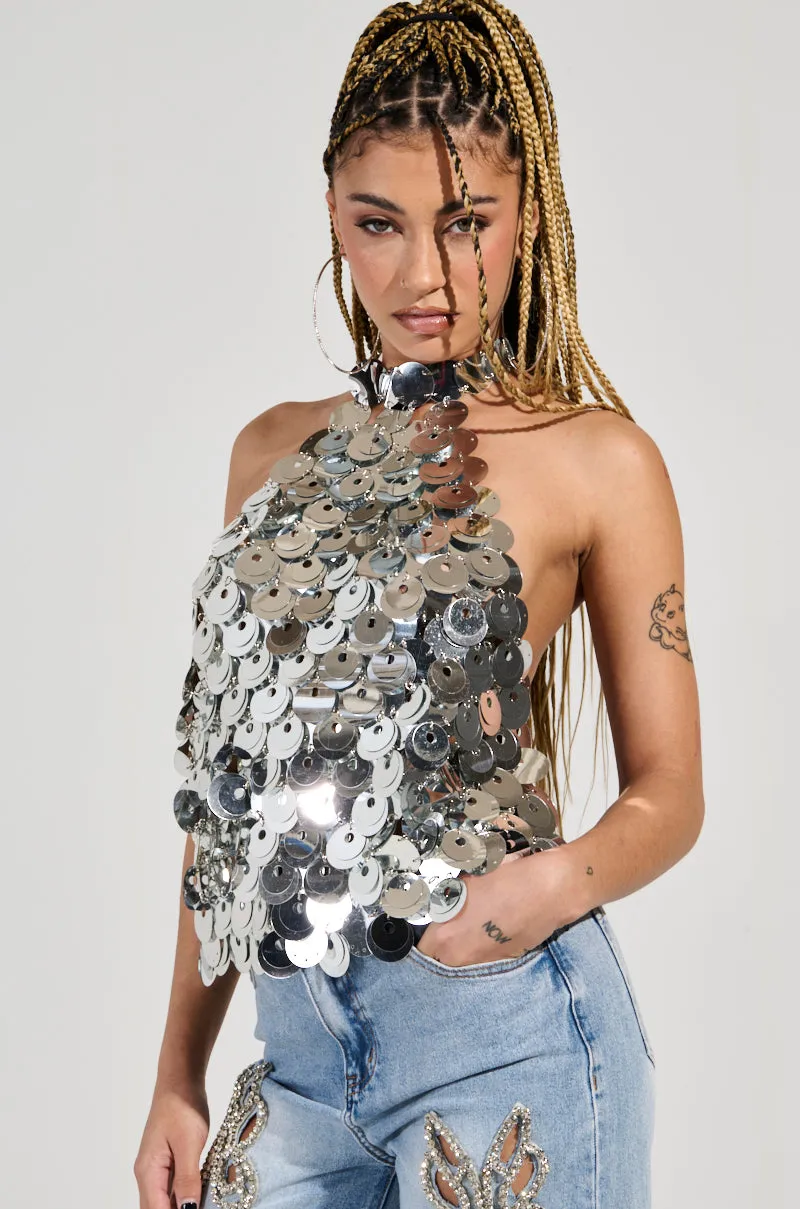 PARTY ALL NIGHT SEQUIN HALTER NECK TOP Quick Soft Layer Flexible