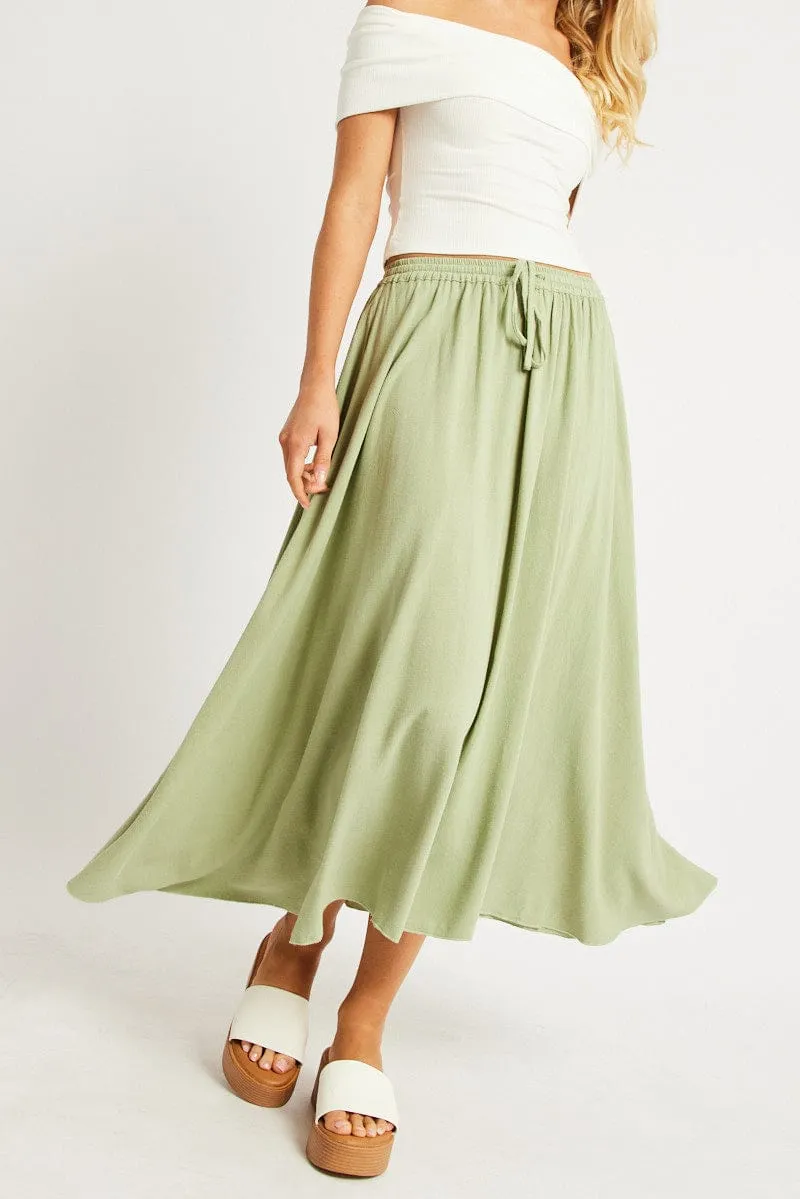 Green Midaxi Skirt High Rise Volume Linen Blend Frayed Finish Casual Style