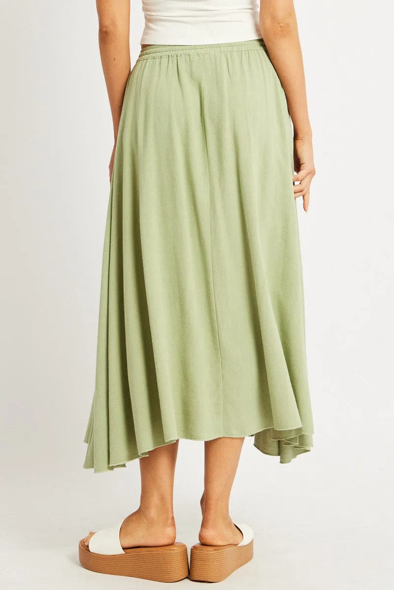 Green Midaxi Skirt High Rise Volume Linen Blend Clean Lines Breathable Material