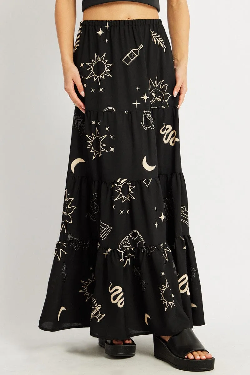 Dust Proof Fabric Vibe Ready Black Abstract Maxi Skirt Tiered High Rise Elastic Waistband