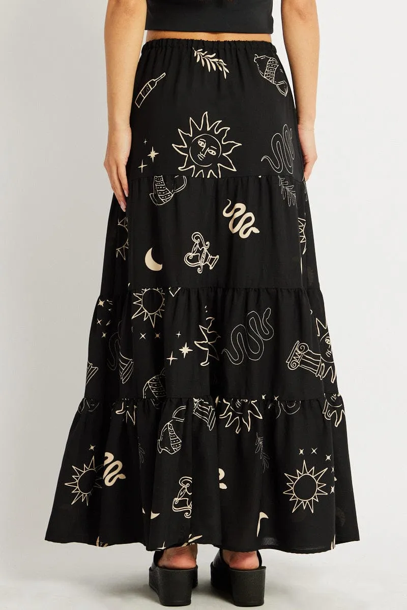 Fresh Aesthetic Black Abstract Maxi Skirt Tiered High Rise Elastic Waistband