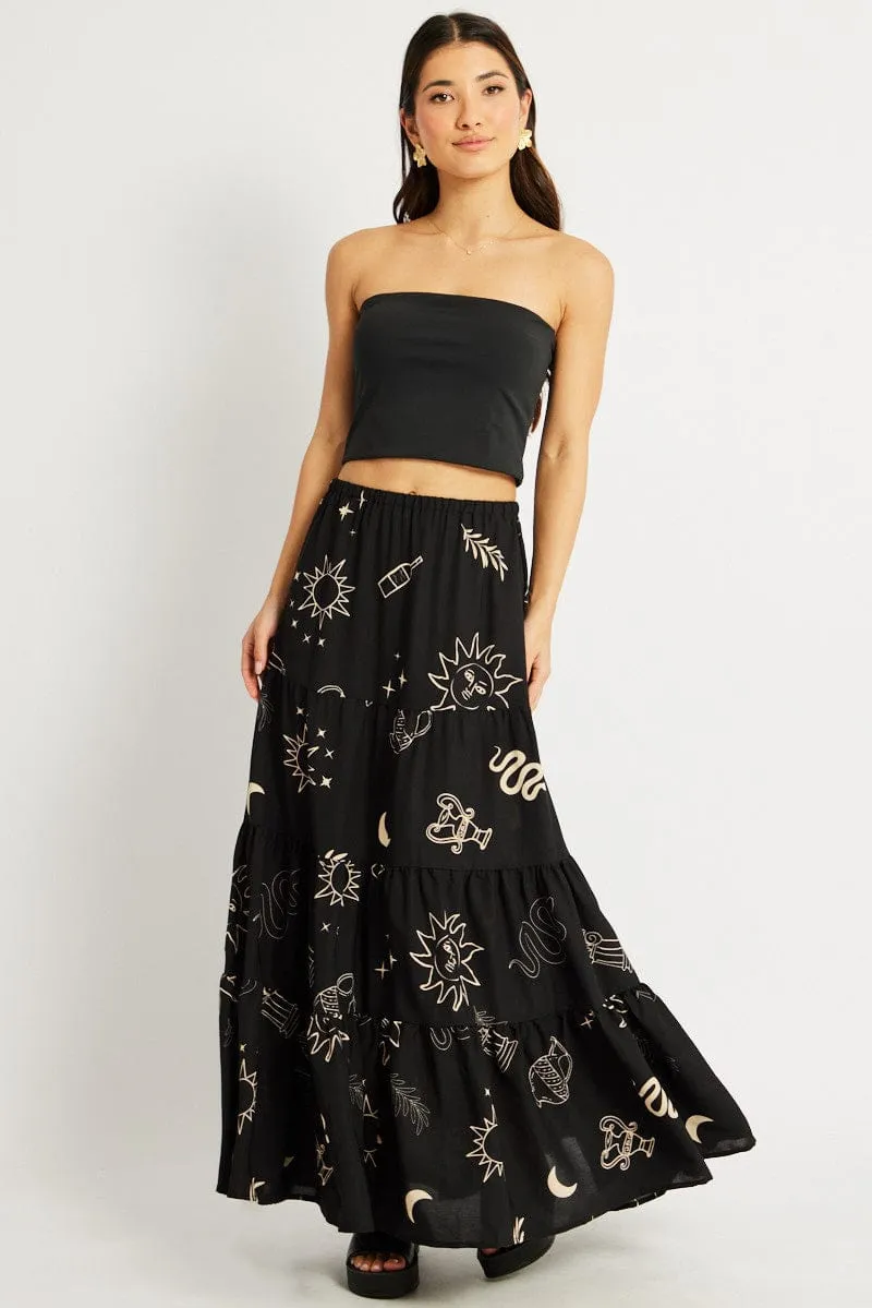 Black Abstract Maxi Skirt Tiered High Rise Elastic Waistband Print Mix Outfit Shot