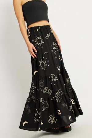 Beach Day Laidback Feel Black Abstract Maxi Skirt Tiered High Rise Elastic Waistband
