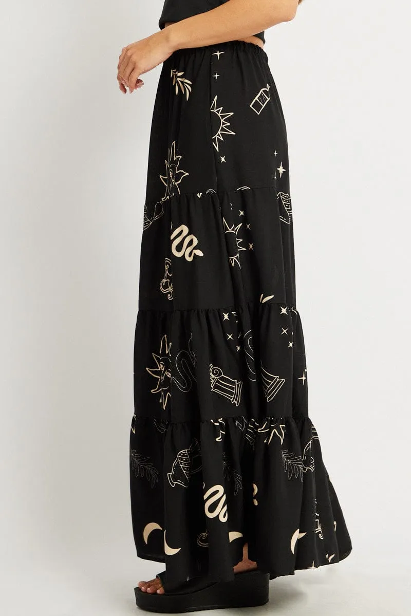 Black Abstract Maxi Skirt Tiered High Rise Elastic Waistband Water Resistant Soft Combo