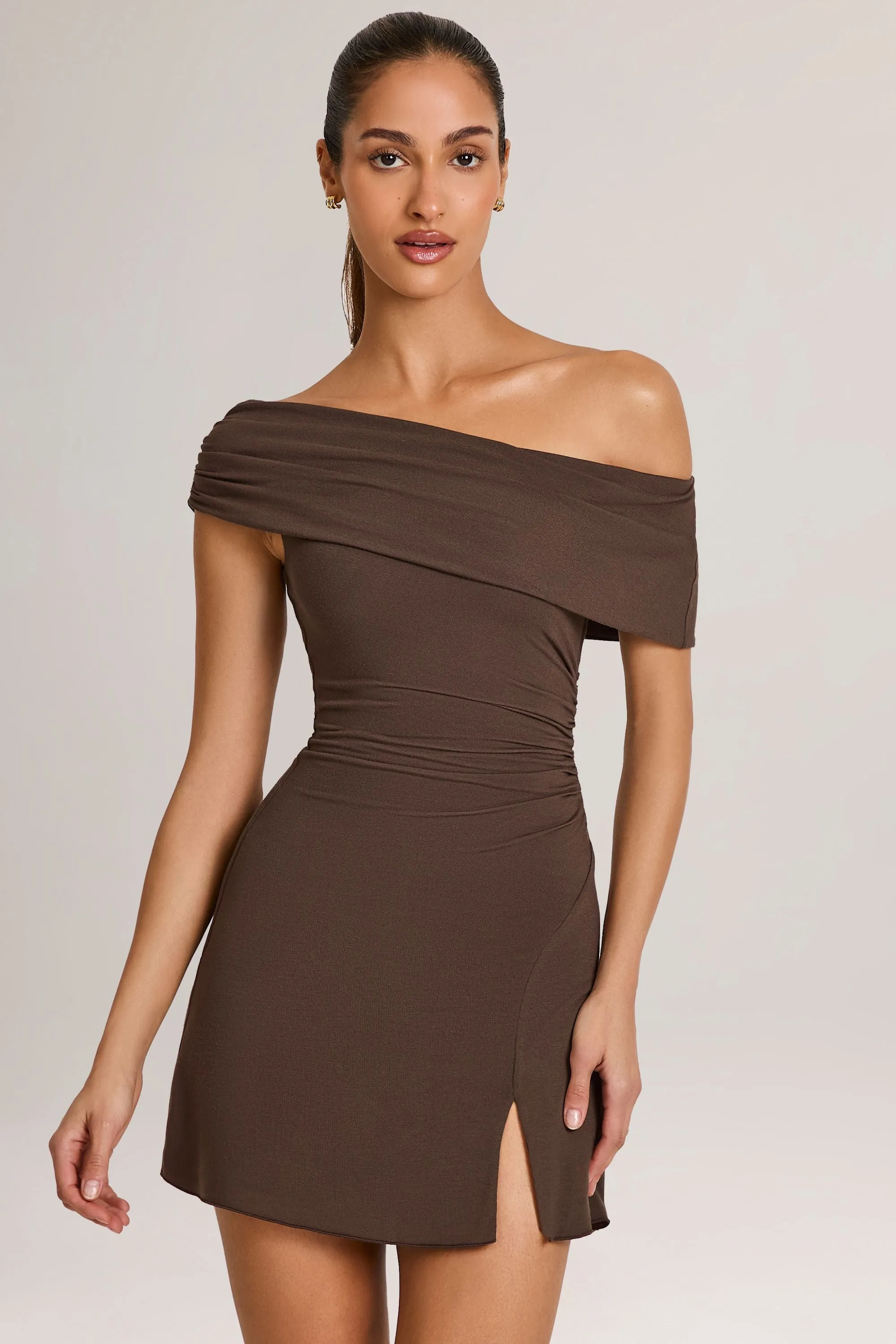 Boho Wear Body Hug Modal Asymmetric A-Line Mini Dress in Chocolate Brown