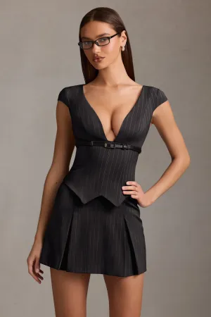 Weekend Fun Pop Light Pinstripe Pleated Waistcoat Mini Dress in Black