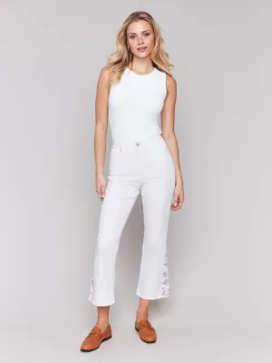 Lace Cut Side Bootcut Twill Pants - White Beach Day Winter Warmth Classic Brunch Outfit Summer Vibes Versatile
